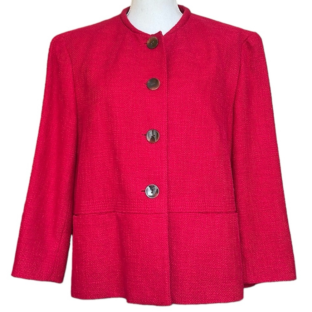 Talbots Red Collarless Cotton Tweed Blazer Jacket Size 18